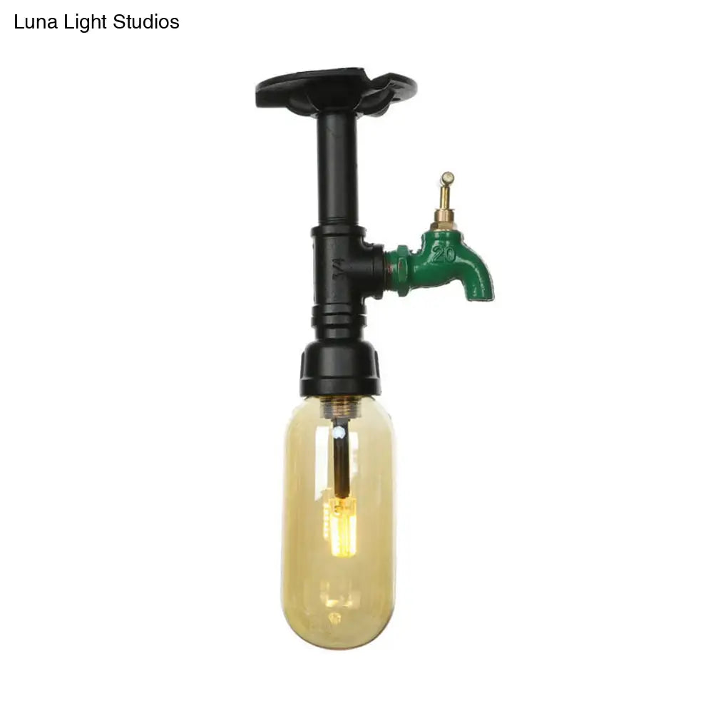 Industrial Black Amber Glass Semi Flush Light With Capsuled Shade & Pipe Design - Ceiling Mount