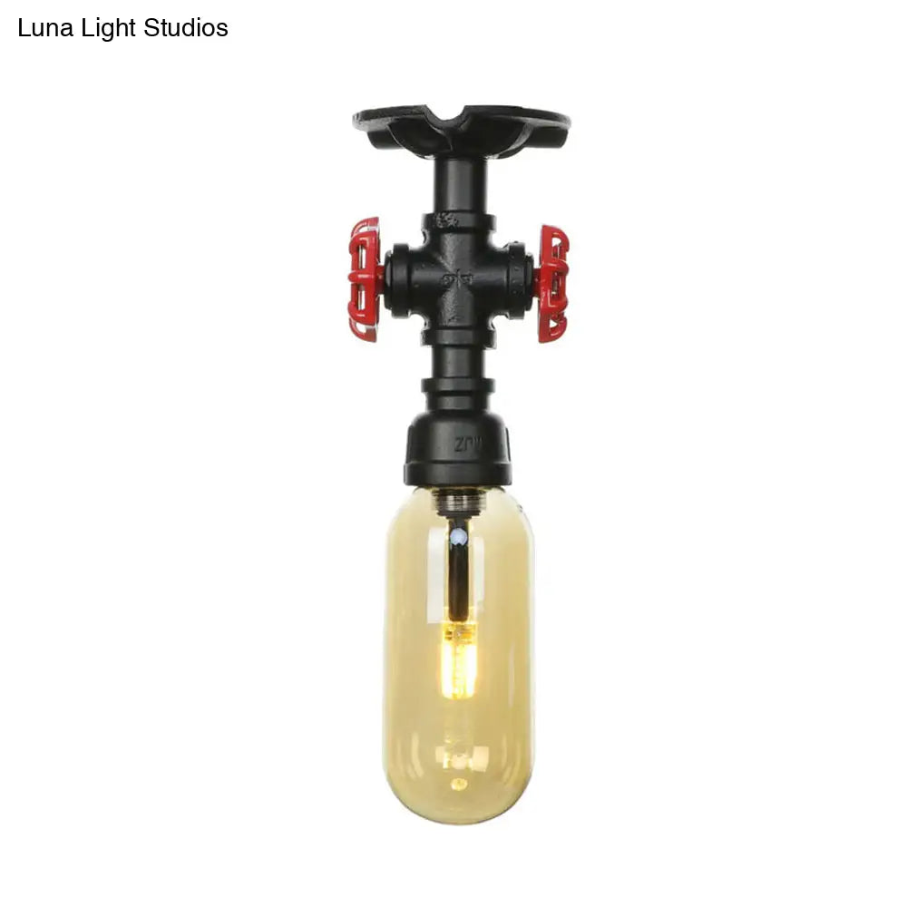 Industrial Black Amber Glass Semi Flush Light With Capsuled Shade & Pipe Design - Ceiling Mount