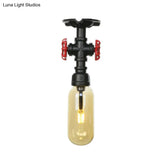 Industrial Black Amber Glass Semi Flush Light With Capsuled Shade & Pipe Design - Ceiling Mount