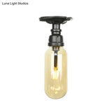 Industrial Black Amber Glass Semi Flush Light With Capsuled Shade & Pipe Design - Ceiling Mount