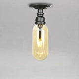 Industrial Black Amber Glass Semi Flush Light With Capsuled Shade & Pipe Design - Ceiling Mount / A