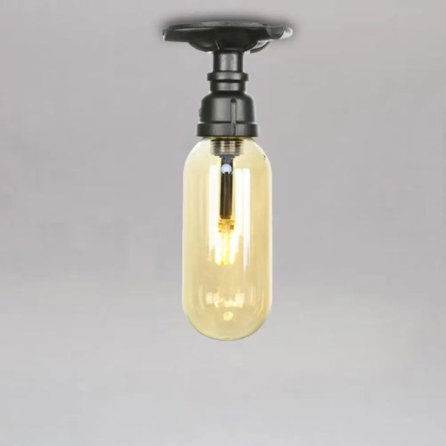 Industrial Black Amber Glass Semi Flush Light With Capsuled Shade & Pipe Design - Ceiling Mount / A