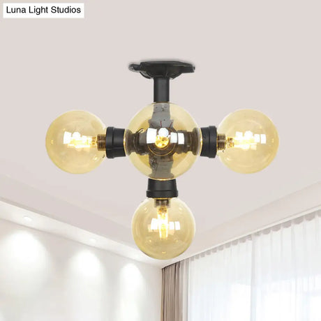 Industrial Black Ball Semi - Flush Ceiling Light - Amber Glass Led Flushmount (4/5/6 - Light)