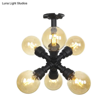 Industrial Black Ball Semi - Flush Ceiling Light - Amber Glass Led Flushmount (4/5/6 - Light)