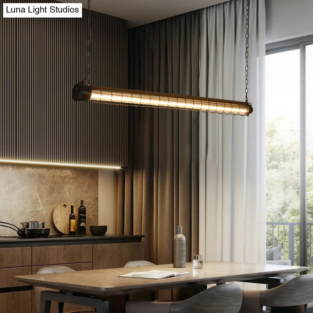 Industrial Black Cage Island Pendant - Tubular Design For Dining Room Ceiling