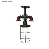 Industrial Black Cage Semi Flush Mount Ceiling Fixture With Clear Glass Valve Decor For Balcony