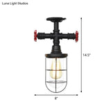 Industrial Black Cage Semi Flush Mount Ceiling Fixture With Clear Glass Valve Decor For Balcony