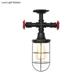 Industrial Black Cage Semi Flush Mount Ceiling Fixture With Clear Glass Valve Decor For Balcony