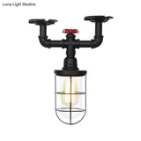 Industrial Black Cage Semi Flush Mount Ceiling Fixture With Clear Glass Valve Decor For Balcony