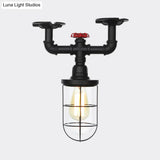 Industrial Black Cage Semi Flush Mount Ceiling Fixture With Clear Glass Valve Decor For Balcony