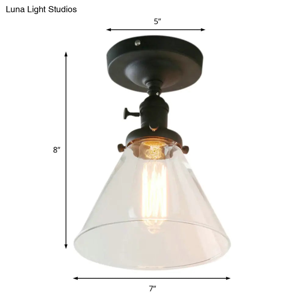 Industrial Black Ceiling Lighting: Semi Flush Light With Clear Glass Cone Shade For Living Room