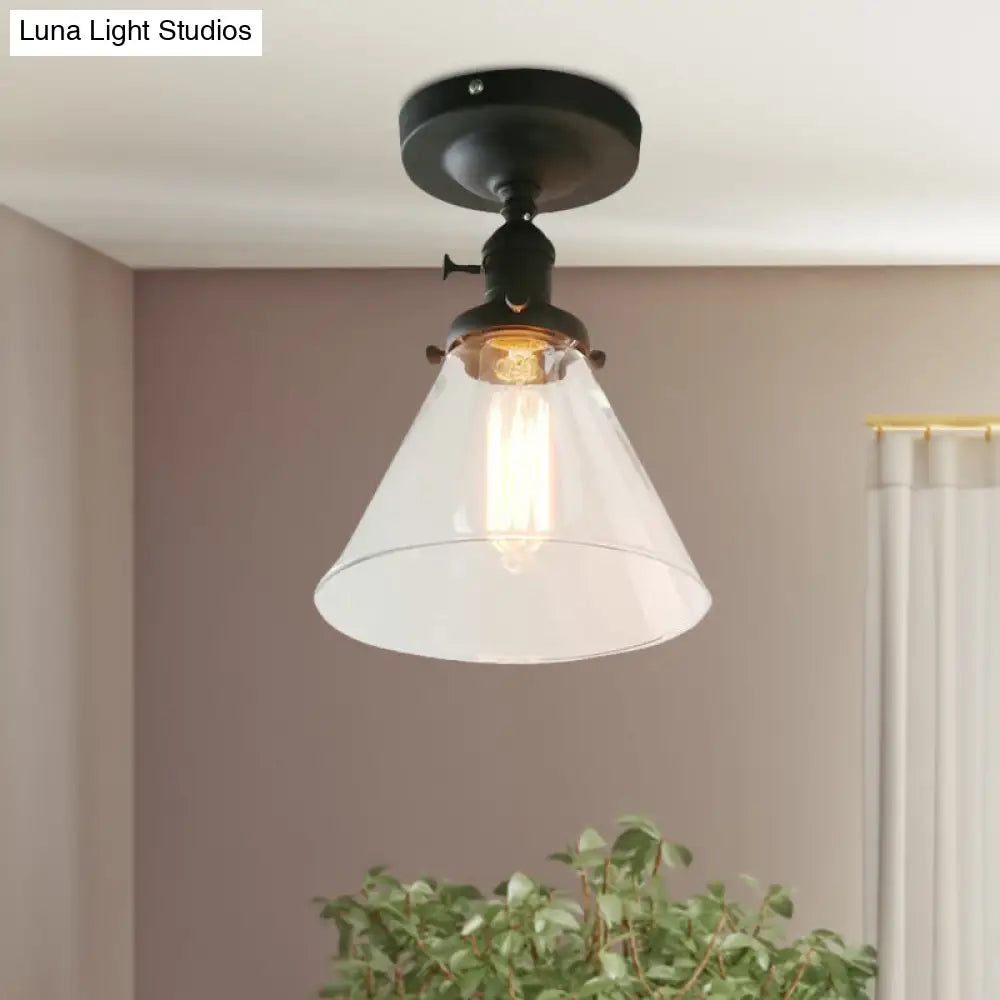 Industrial Black Ceiling Lighting: Semi Flush Light With Clear Glass Cone Shade For Living Room