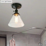 Industrial Black Ceiling Lighting: Semi Flush Light With Clear Glass Cone Shade For Living Room