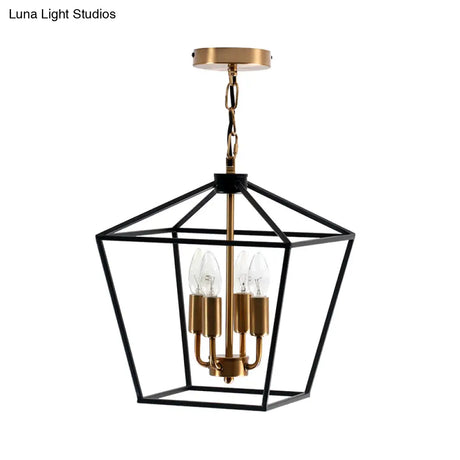 Industrial Black Chandelier With 4 Cage Metal Pendant Lights