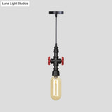 Industrial Black Finish Amber Glass Pendant Lamp With Pipe Suspension - 1-Light Ball/Capsule