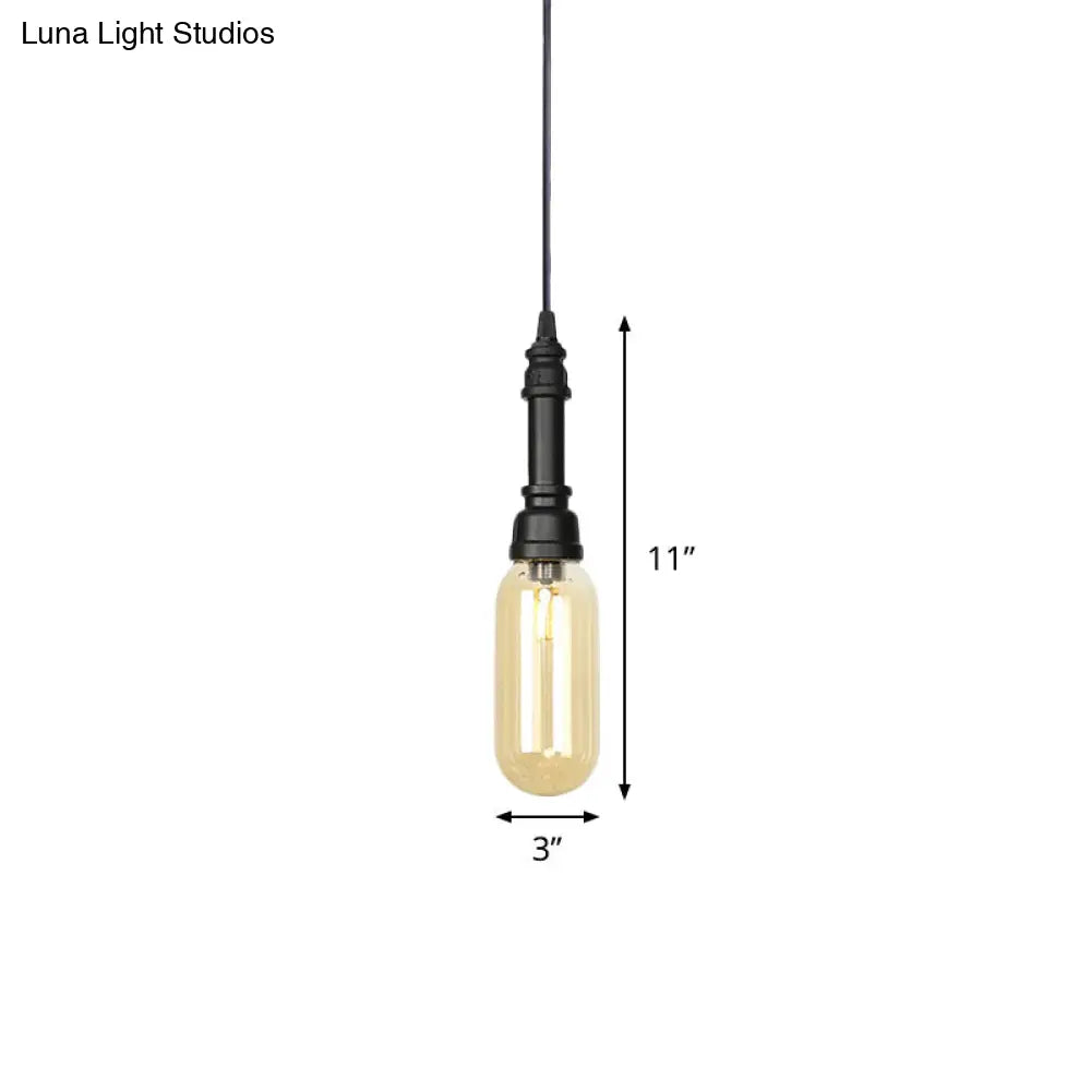 Industrial Black Finish Amber Glass Pendant Lamp With Pipe Suspension - 1-Light Ball/Capsule