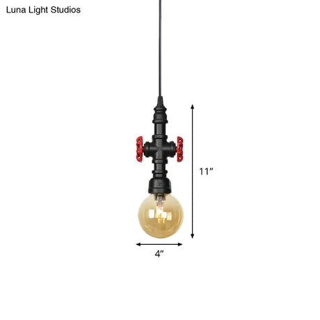 Industrial Black Finish Amber Glass Pendant Lamp With Pipe Suspension - 1-Light Ball/Capsule
