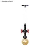 Industrial Black Finish Amber Glass Pendant Lamp With Pipe Suspension - 1-Light Ball/Capsule