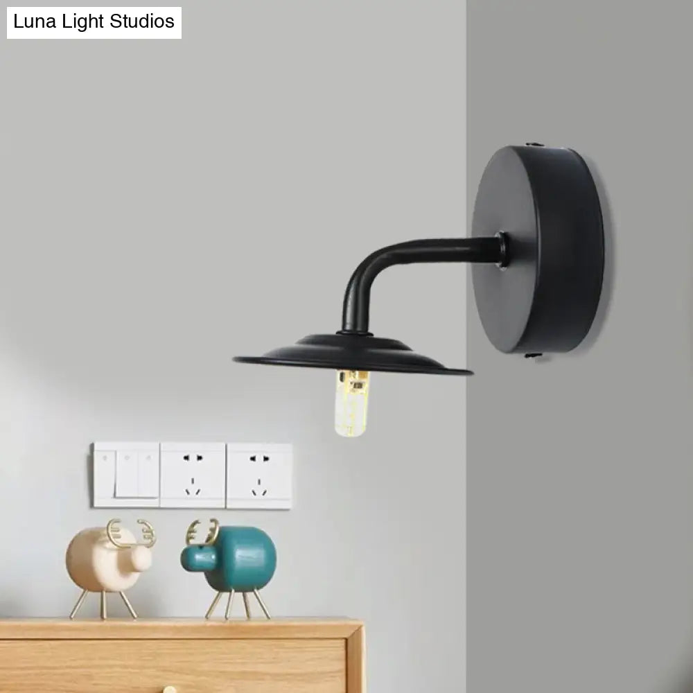 Industrial Black Finish Wall Sconce With Metallic Flat Shade - Bedroom Mounted Lamp