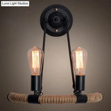 Industrial Black Hemp Rope Wall Sconce Lamp For Restaurants - 2-Head Arc Lighting Fixture