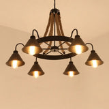 Industrial Black Iron Chandelier With Conical Shape Wheel And Hemp Decoration 6 /