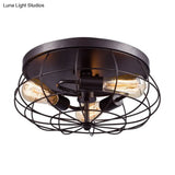 Industrial Black Metal Ceiling Light Fixture - 3 - Light Caged Flush Mount For Corridor