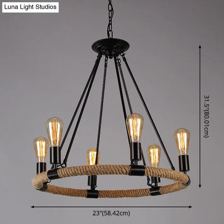 Industrial Black Metal Chandelier With Rope Suspension For Dining Room Table