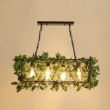 Industrial Black Metal Island Lamp With 4-Light Rectangle Design And Stylish Faux Plant Decor Green