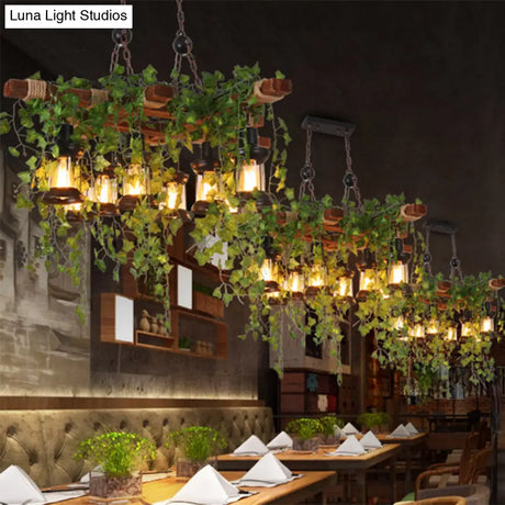Industrial Black Metal Lantern Island Light - 8-Lights Hanging Lamp With Plant Decoration