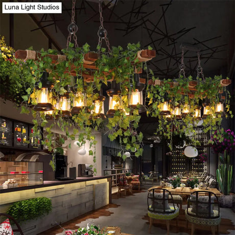 Industrial Black Metal Lantern Island Light - 8-Lights Hanging Lamp With Plant Decoration