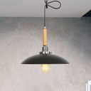 Industrial Black Metal Pendant Light With Hanging Cord - Shallow Round Design In Wood / 1