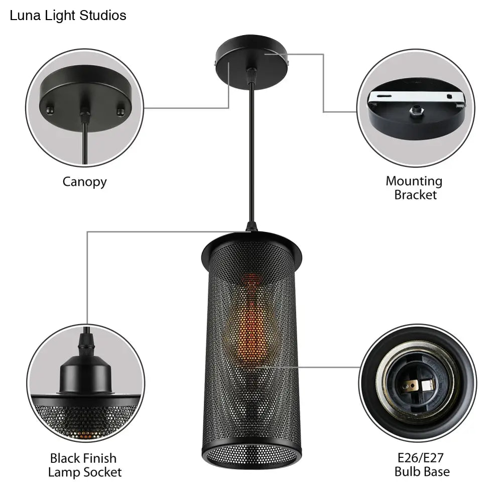 Industrial Black Metal Pendant Light With Mesh Screen - Living Room Hanging Lamp