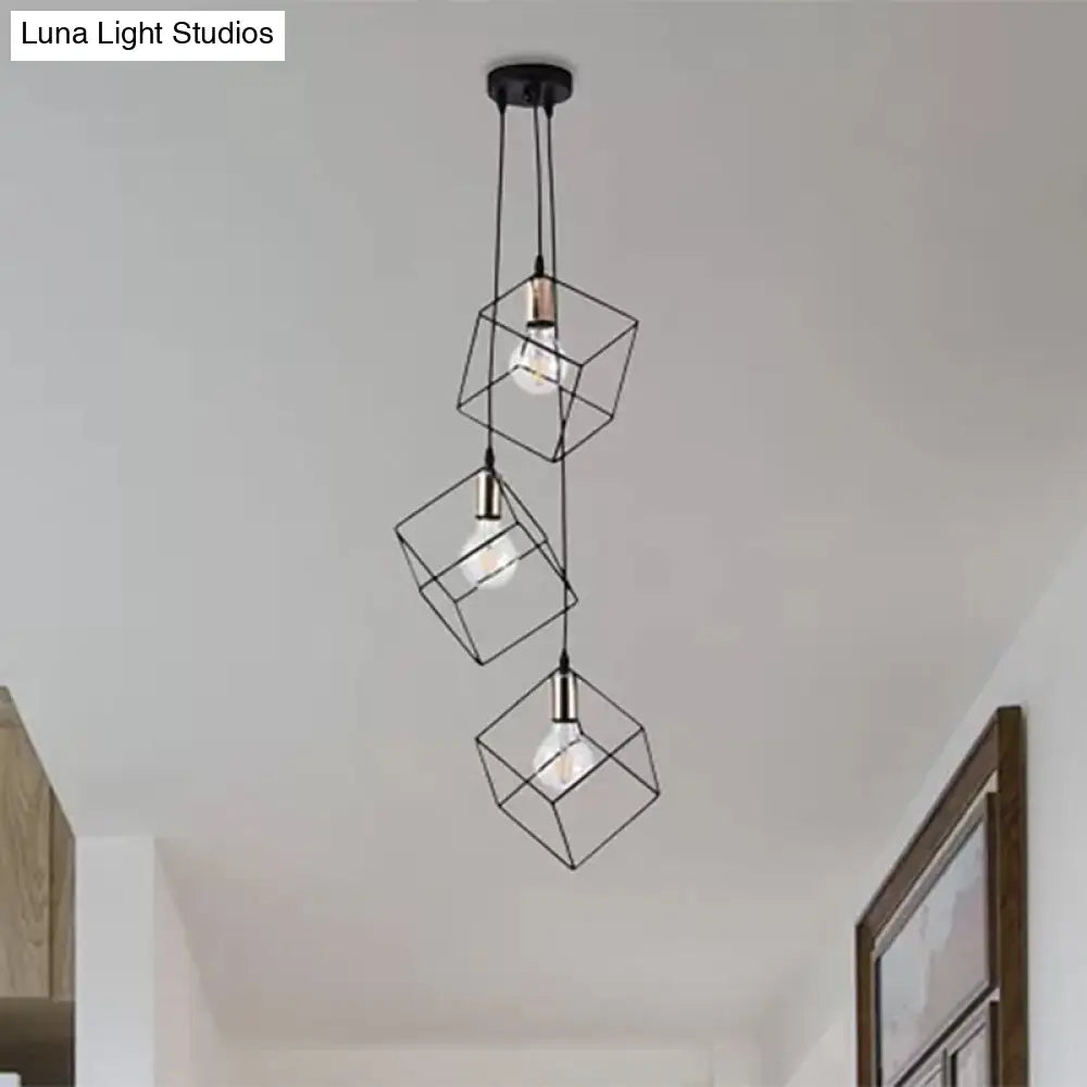 Industrial Black Metal Pendant Lighting: Square Suspension Light With 3 Lights For Foyer