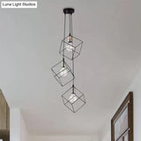 Industrial Black Metal Pendant Lighting: Square Suspension Light With 3 Lights For Foyer
