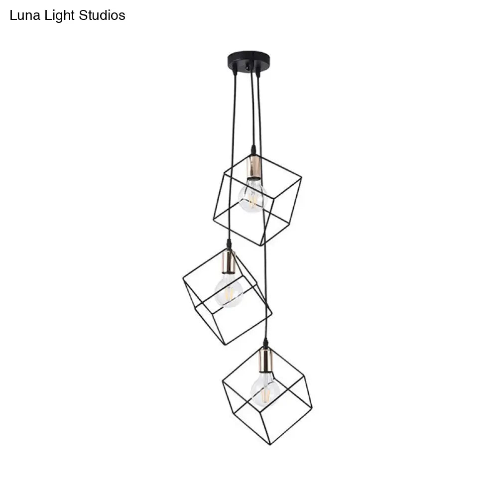 Industrial Black Metal Pendant Lighting: Square Suspension Light With 3 Lights For Foyer