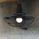 Industrial Black Metal Saucer Pendant Light For Restaurants - 1 Head With Cage Shade Ceiling Fixture