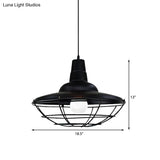 Industrial Black Metal Saucer Pendant Light For Restaurants - 1 Head With Cage Shade Ceiling Fixture