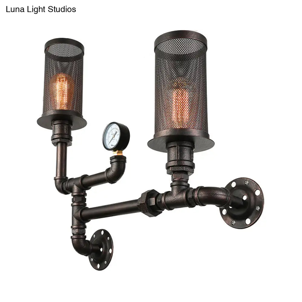 Industrial Black Metal Sconce Light With Mesh Shade And Gauge Design - Bedroom Wall Lighting