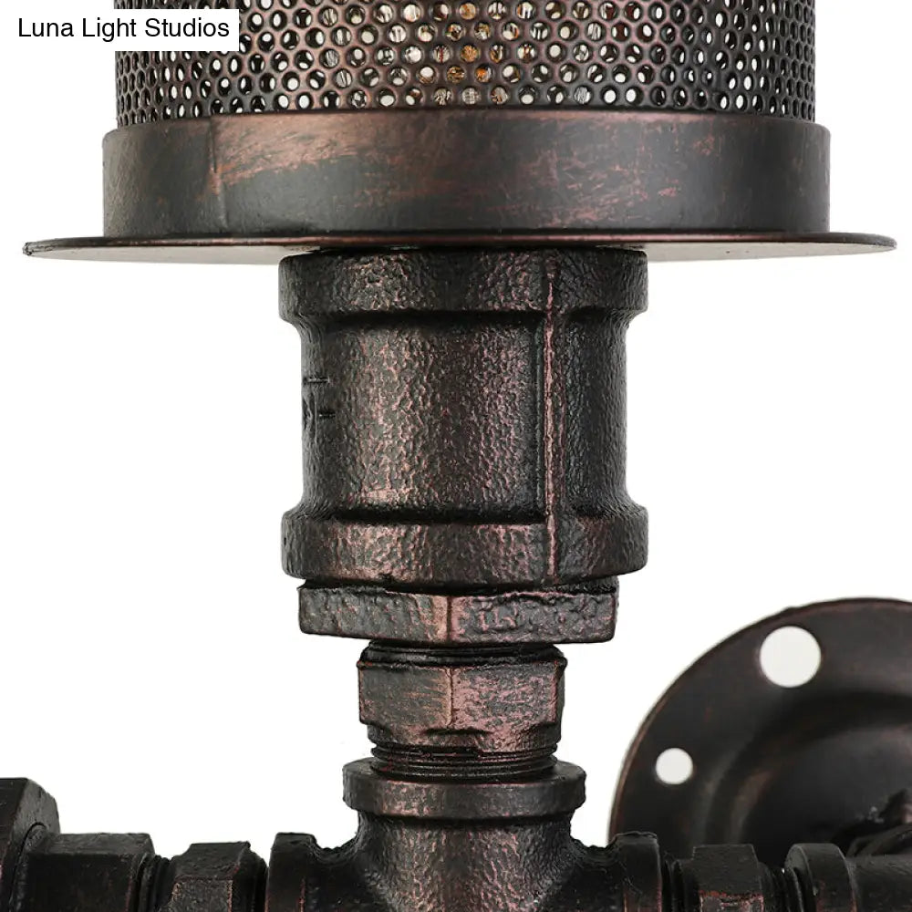 Industrial Black Metal Sconce Light With Mesh Shade And Gauge Design - Bedroom Wall Lighting
