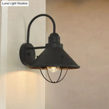 Industrial Black Metal Sconce With Cage And Cone Shade