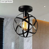 Industrial Black Metal Semi Flush Cage Shade Ceiling Lamp