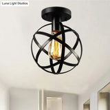 Industrial Black Metal Semi Flush Cage Shade Ceiling Lamp