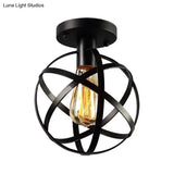 Industrial Black Metal Semi Flush Cage Shade Ceiling Lamp