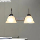 Industrial Black Opal Glass Wall Lamp For Bedroom - 2-Light Bell Shade Sconce Light Fixture