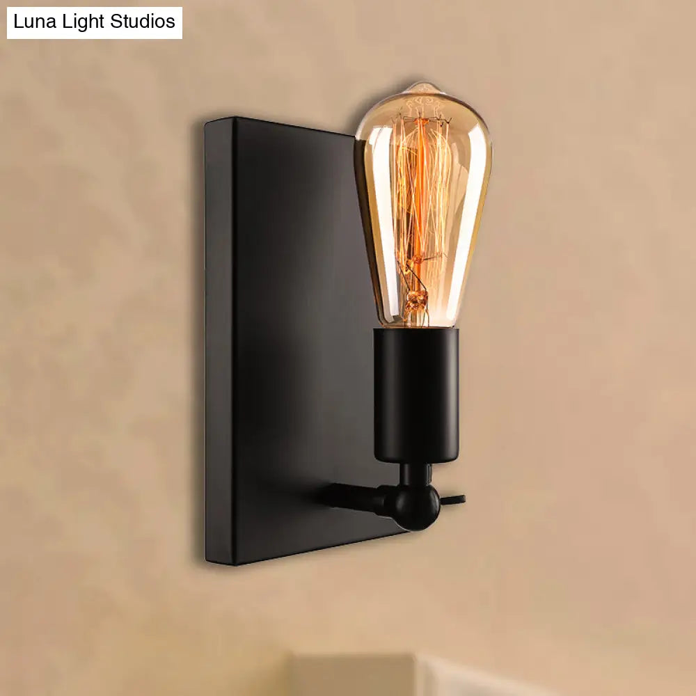 Industrial Black Wall Lamp With Exposed Bulb For Dining Room - Rectangular Backplate 1 Light
