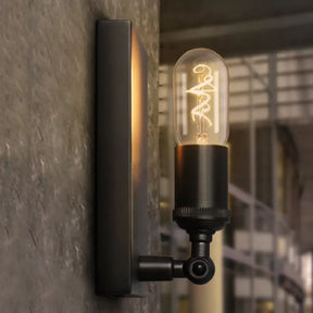 Industrial Black Wall Lamp With Exposed Bulb For Dining Room - Rectangular Backplate 1 Light