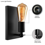 Industrial Black Wall Lamp With Exposed Bulb For Dining Room - Rectangular Backplate 1 Light