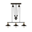 Industrial Black Wide Flare Pulley Pendant Light For Restaurant - 3 Bulb Hanging Island Fixture