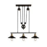 Industrial Black Wide Flare Pulley Pendant Light For Restaurant - 3 Bulb Hanging Island Fixture