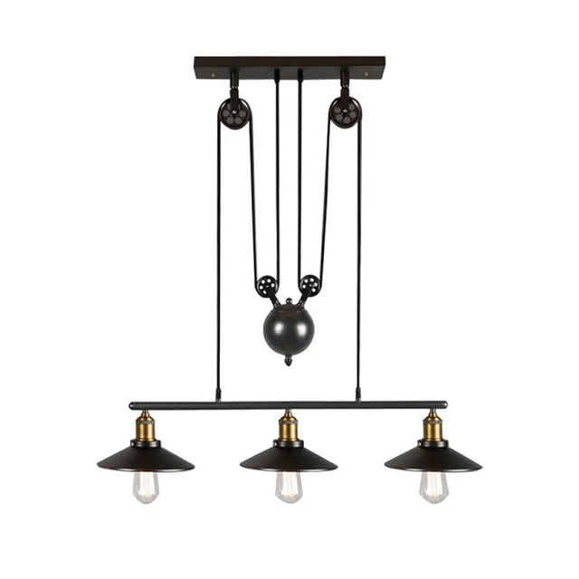 Industrial Black Wide Flare Pulley Pendant Light For Restaurant - 3 Bulb Hanging Island Fixture